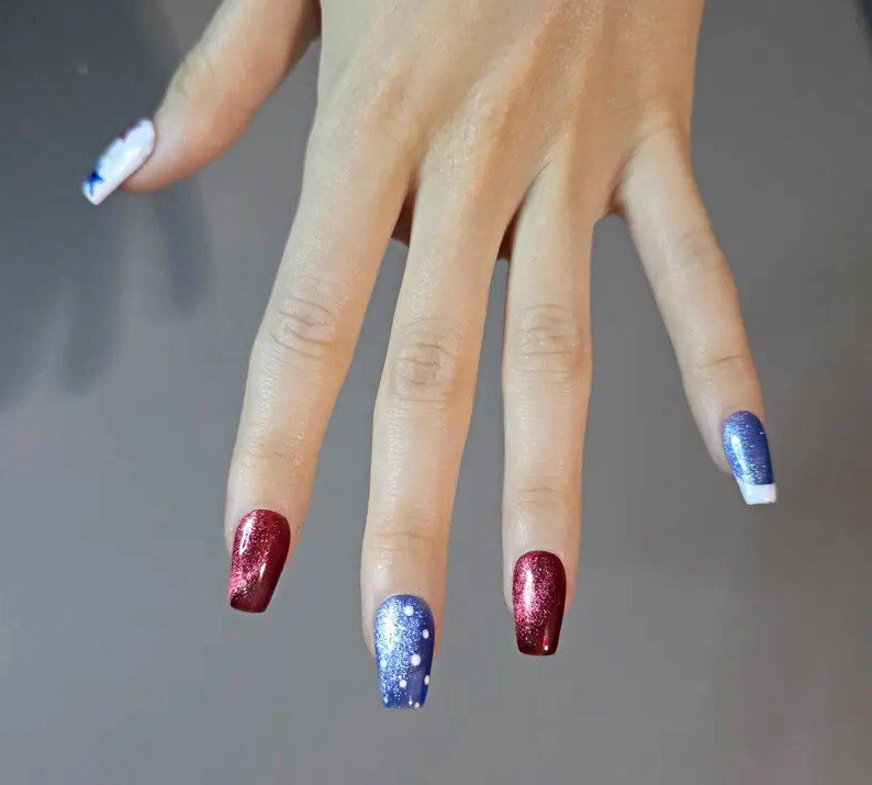 Maddi Nail Co. Press-On Nails Red Blue White Glitter Stars Medium Square