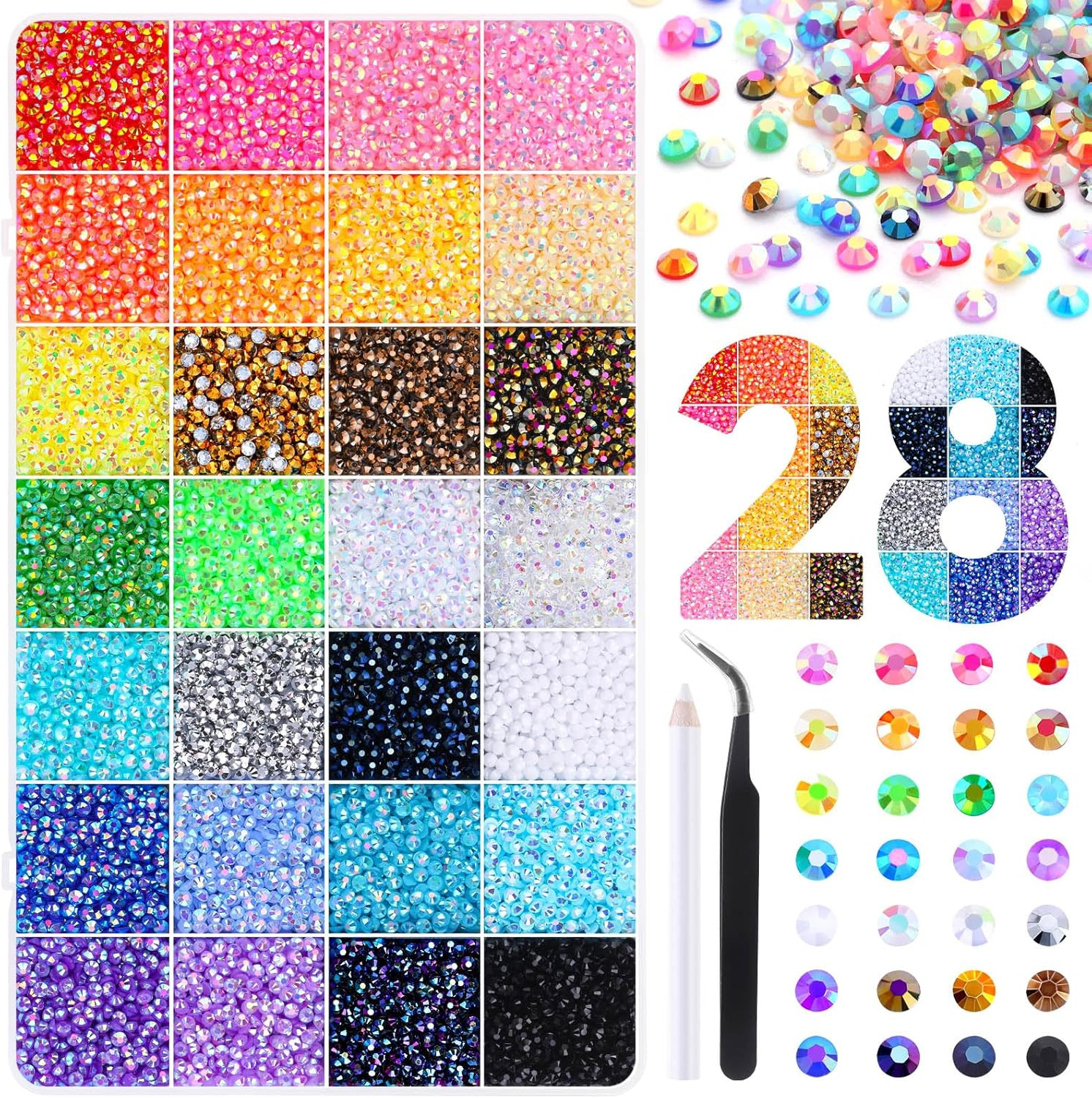 JOLCEEY 34000Pcs Nail Art Rhinestones, 28 Colors 3Mm Flat Back Nail Gems Crystal