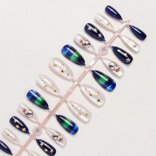 24 Pcs Green Blue Ombre Press On Nails – Cat Eye – Medium Almond Fake Nails