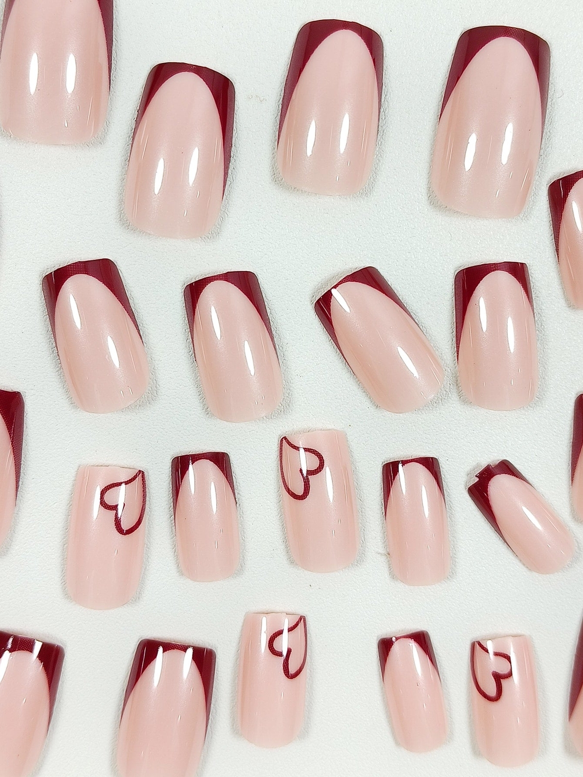 24pcs/set Square Red French Nails with Red Heart False Nails Press On Nails Glue