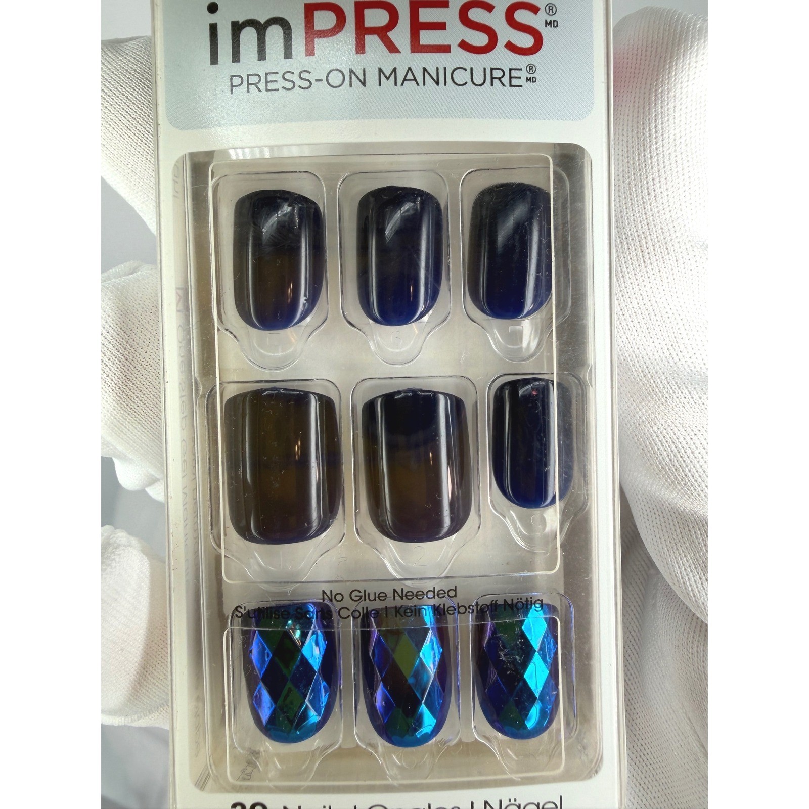 impress Press On Manicure 30 Nails Dark Blue Diamond Accent Short Square 94-22