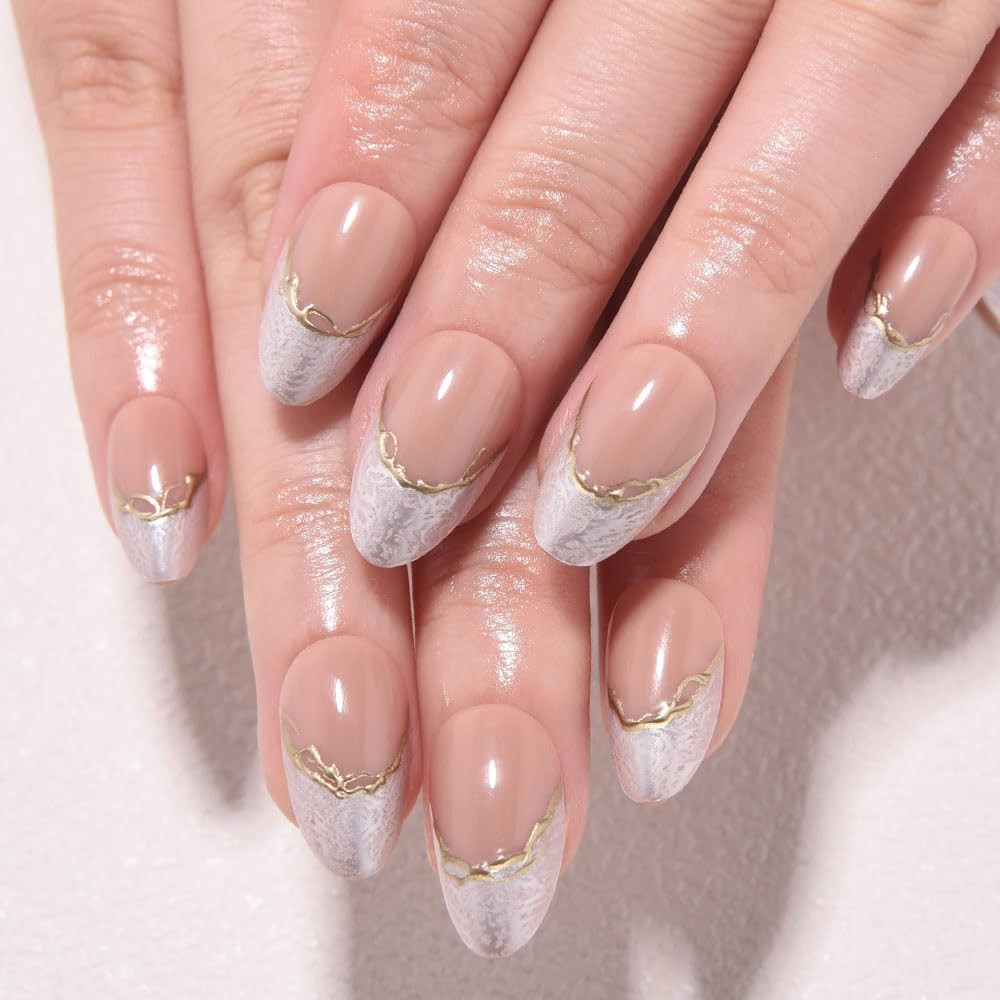 French Tip Press on Nails Short Almond No Glue, Nude Gold Line & Pearl White Tip