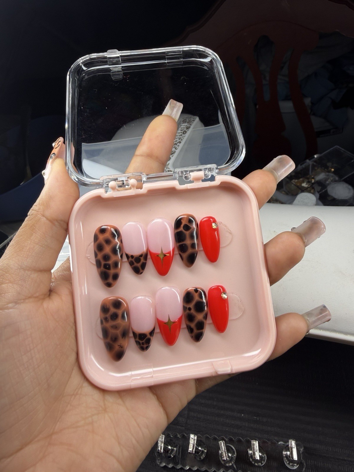 Long Coffin Press-On Nails Set Shiny Red Pink Brown Black Leopard Print
