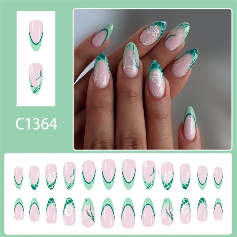Green French Floral Press On Nail Floral False Nail Middle Length