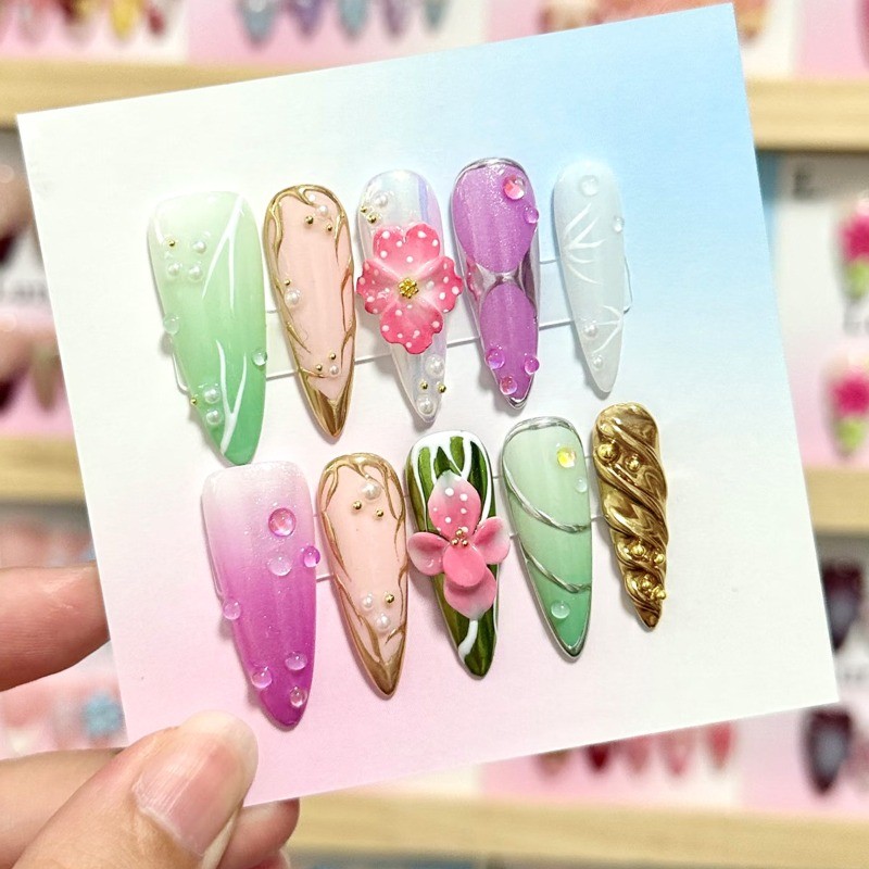 48Pcs-Long Almond Green Purple Gradient Gold Line Water Pearl Press on Nails Set