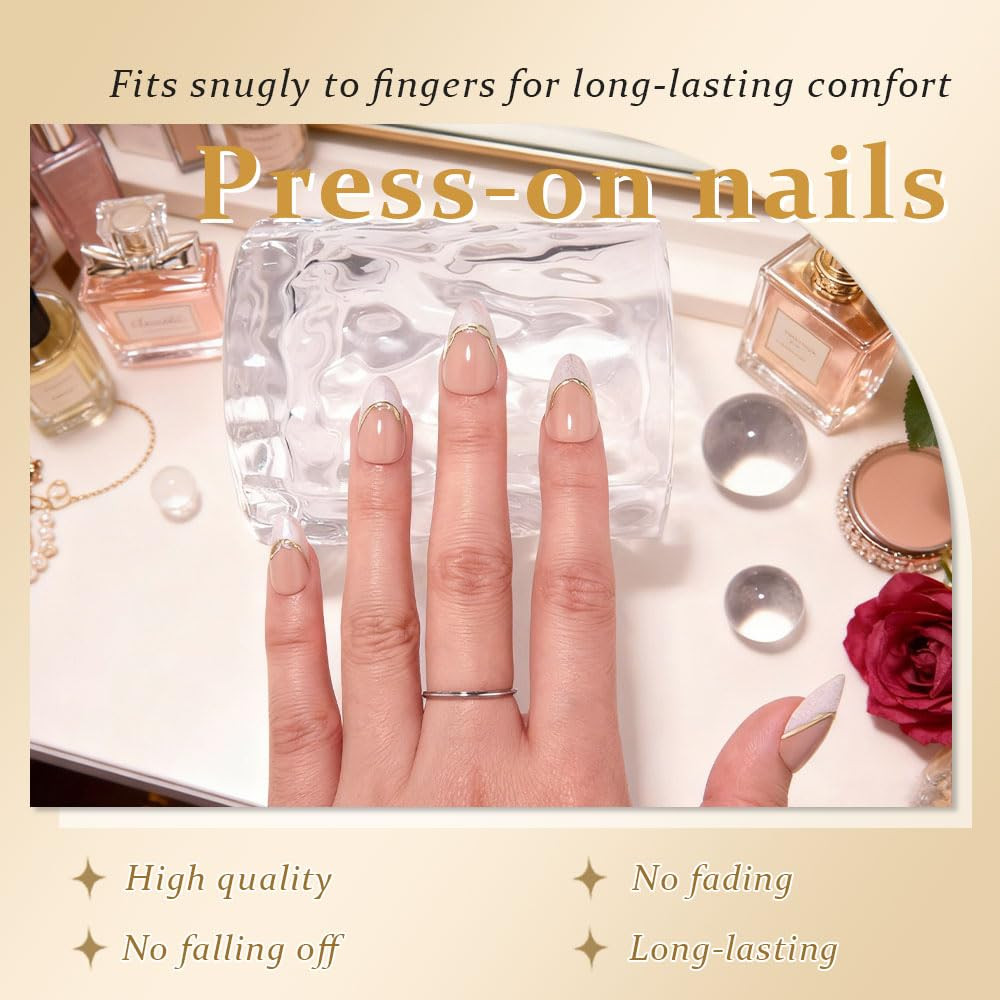 French Tip Press on Nails Short Almond No Glue, Nude Gold Line & Pearl White Tip