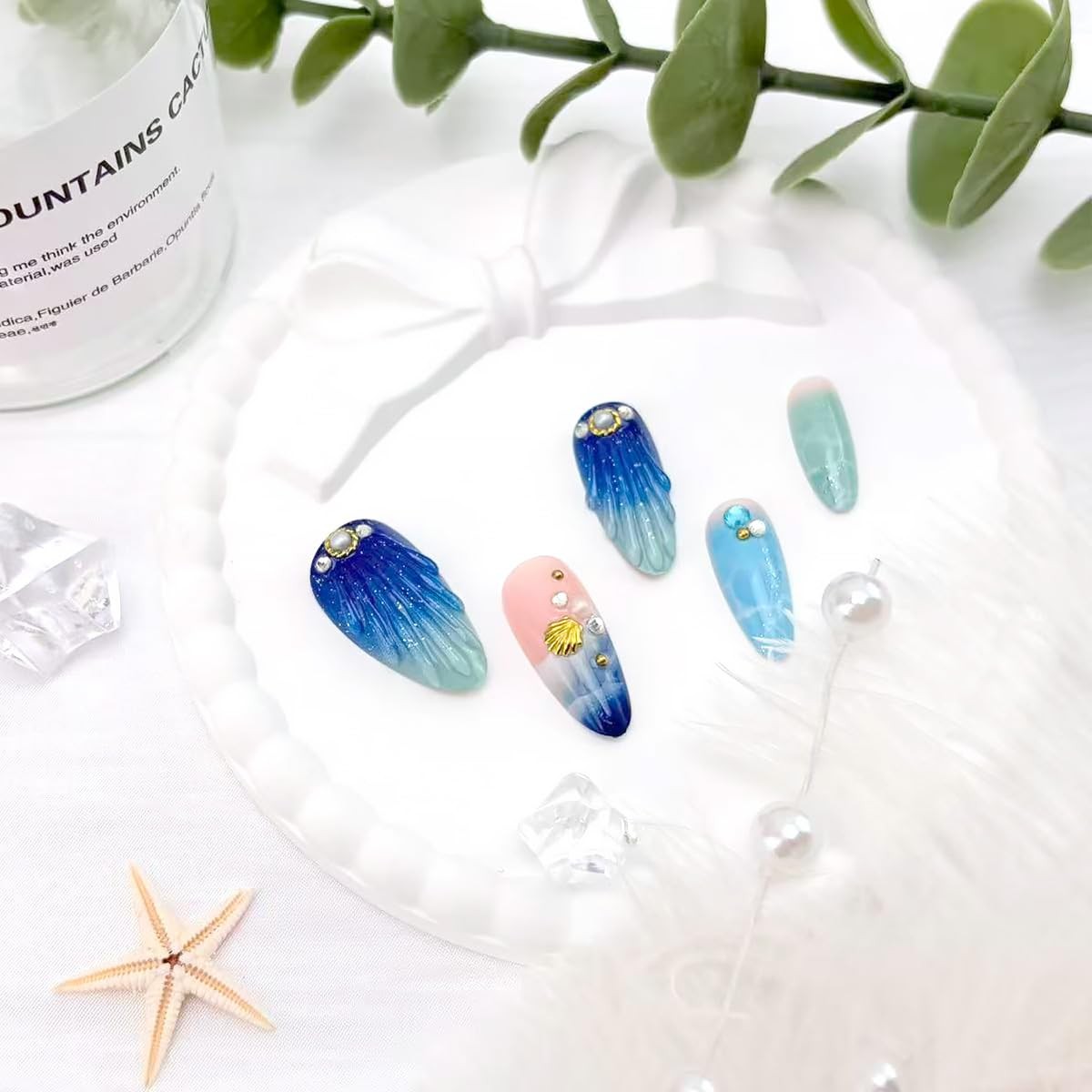 24Pcs Summer Press on Nails Medium Almond Fake Nails Blue Ocean Design 3D Gol…