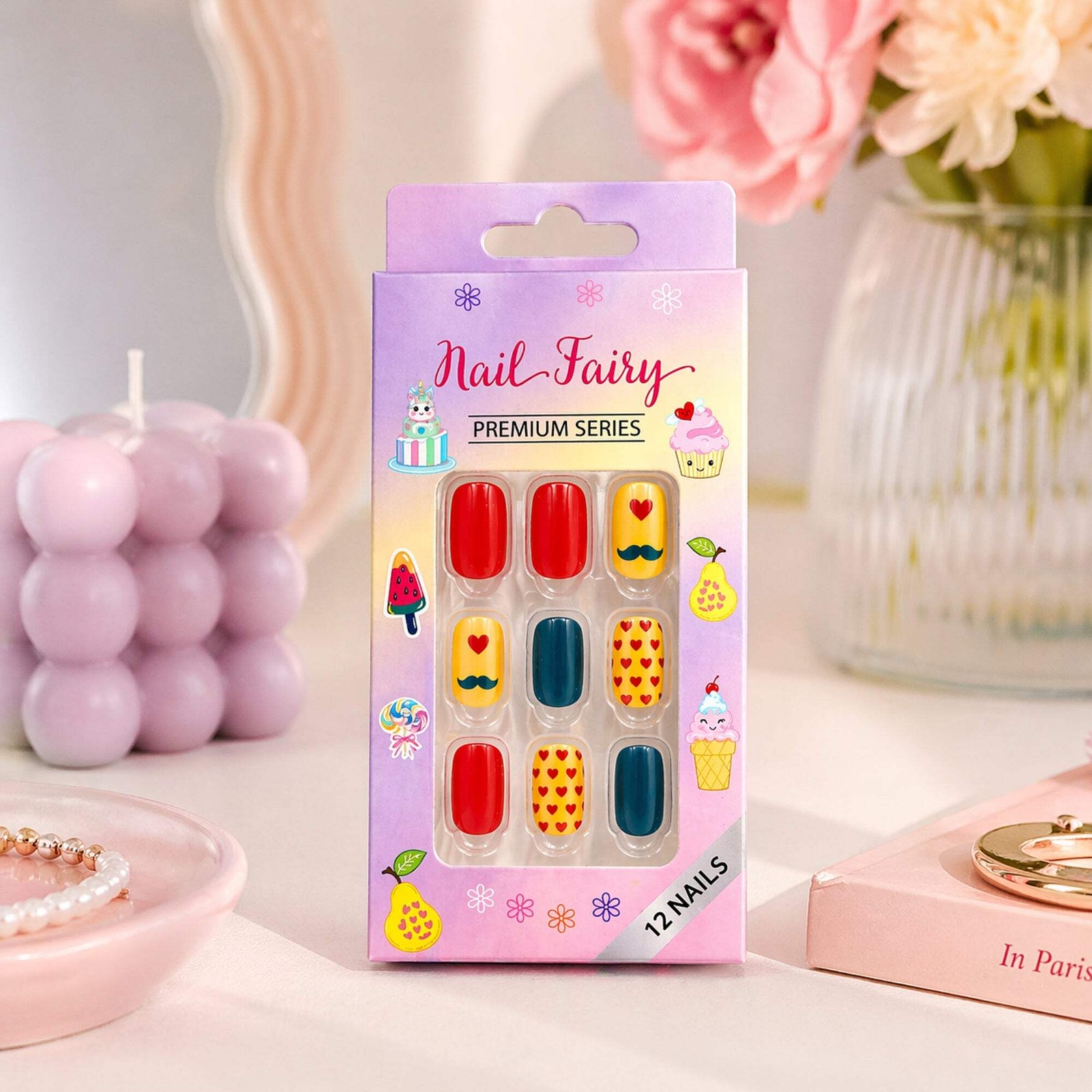12 Pieces Kids Press On Nails Set Cute Reusable Designs