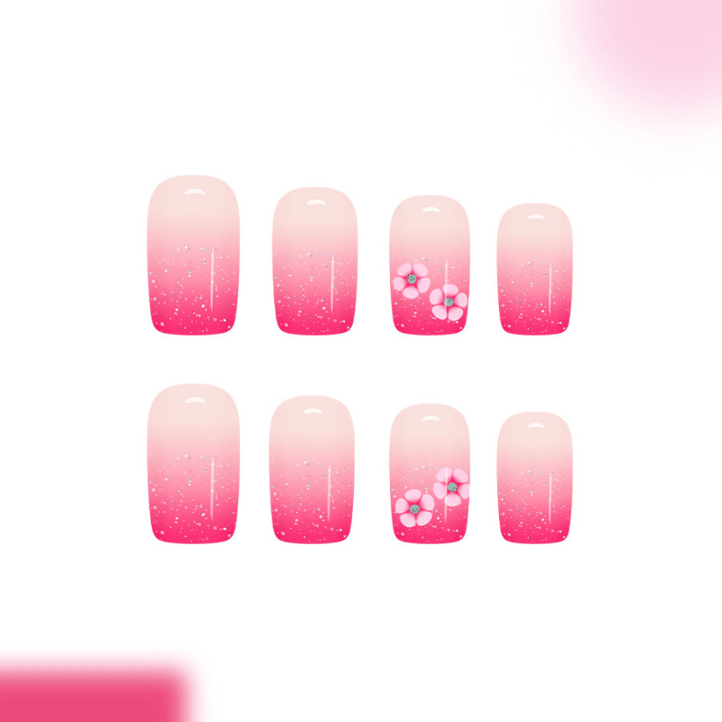 48Pcs Short Square Nails, Pink Gradient & Hand Painted Flowers, Sweet Style