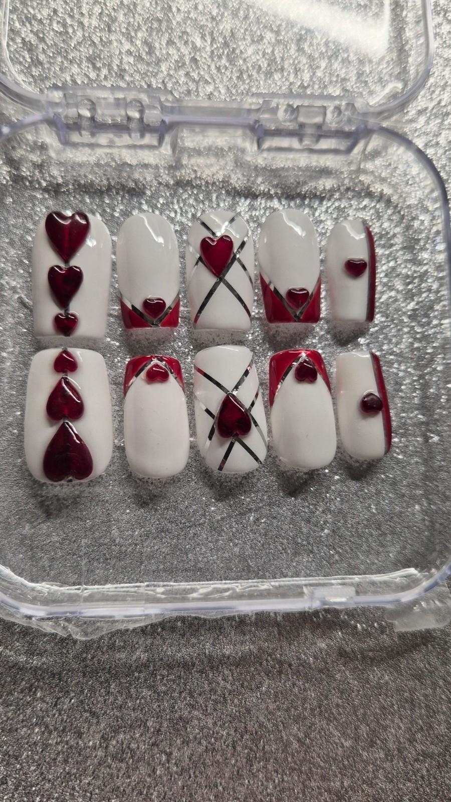 White Red Heart 3D Square Press-On Nails Set Pre-Designed Full Cover