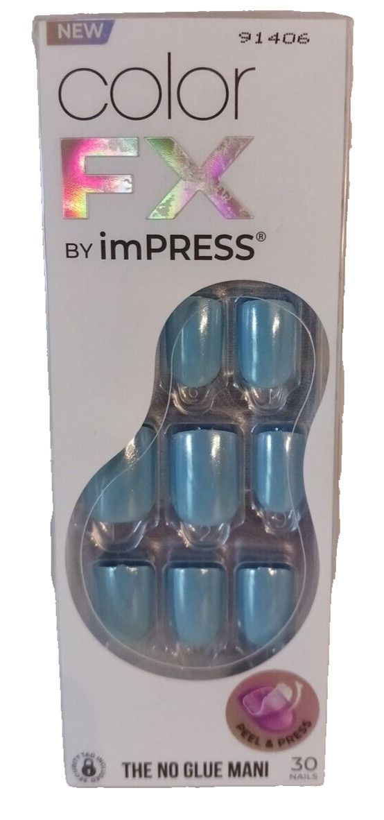 KISS imPRESS No Glue Mani Press-On Nails, Color FX, Meta’, Medium Blue, Short