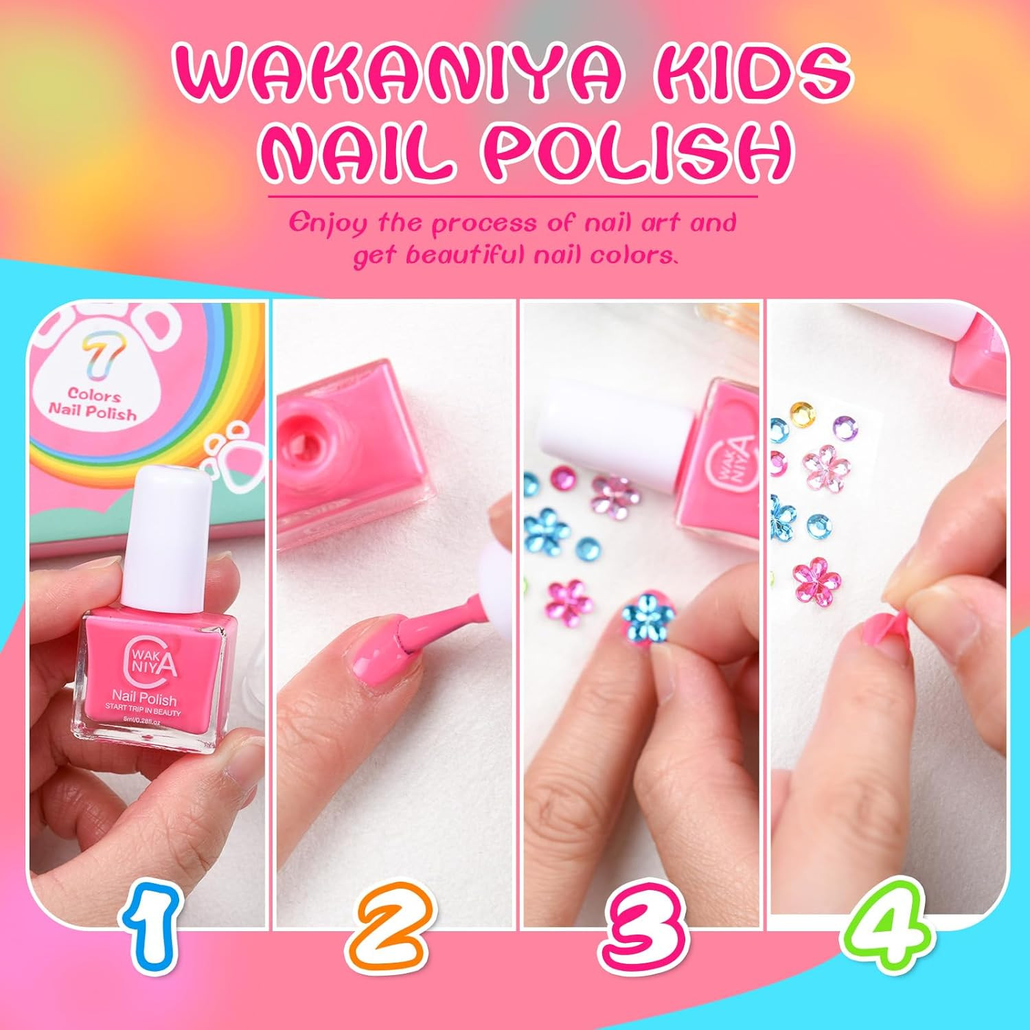 Kids Non Toxic Nail Polish Set for Girls with Gems Nail Stickers, 7 Color Peel-O