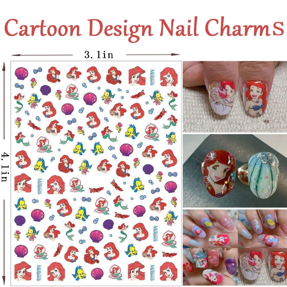8 Sheets Cute Cartoon Nail Art Stickers Decals 3D Adhesive Kawaii Mermaid Des…