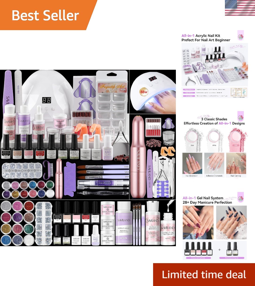 Professional Acrylic Nail Kit with 3 Powders & 88W Lamp – Perfect for Beginners