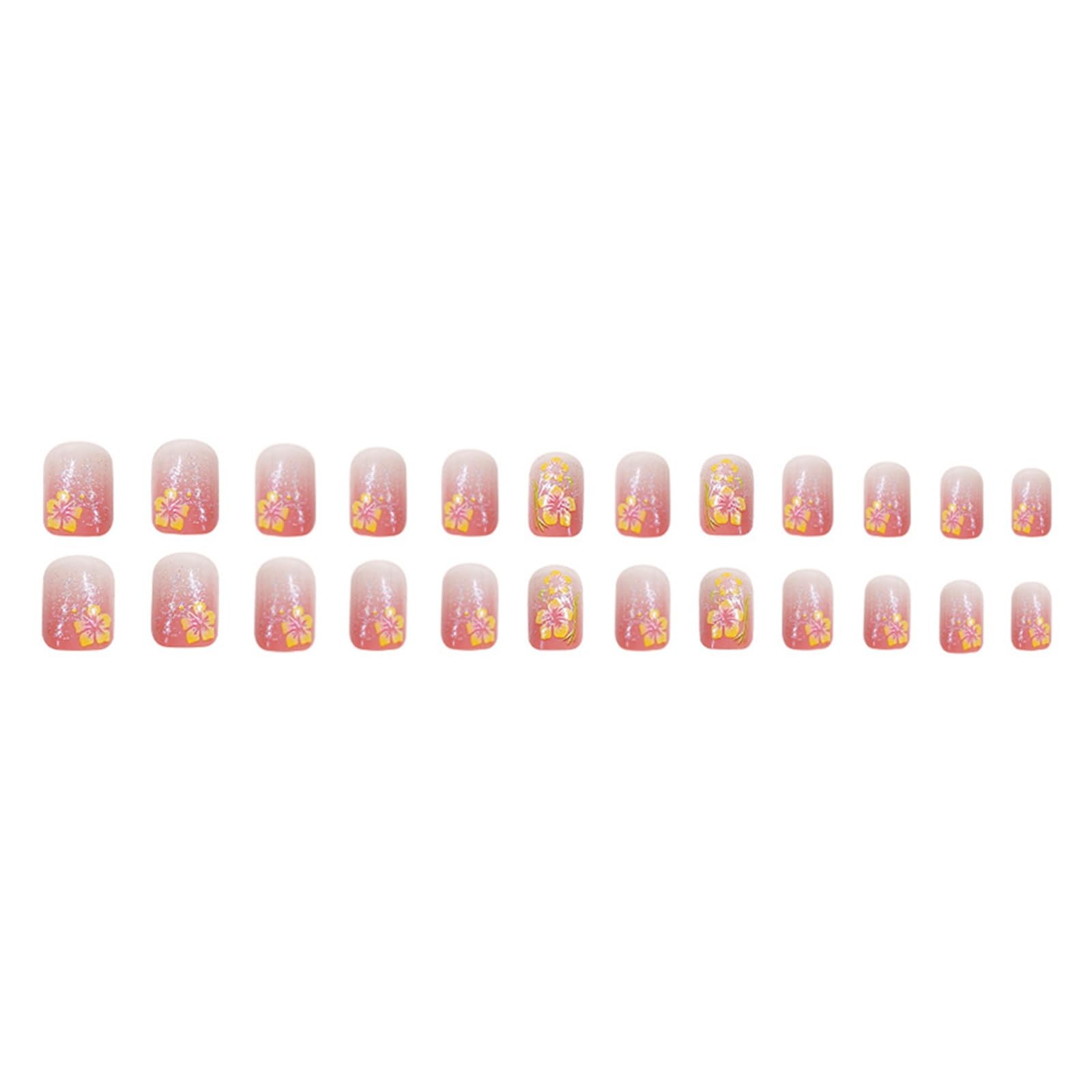 24 Pcs Hibiscus Flower Press on Nails Short Square Fake Nails Pink Gradient F…