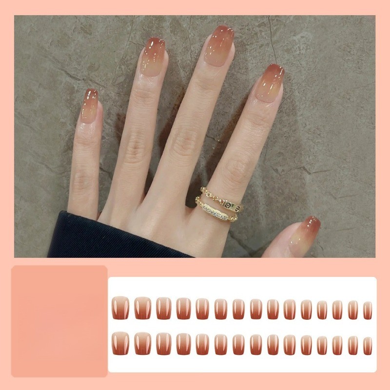48Pcs-Milk Tea Gradient Press on Nails Medium Square Simple Solid Gloss Manicure
