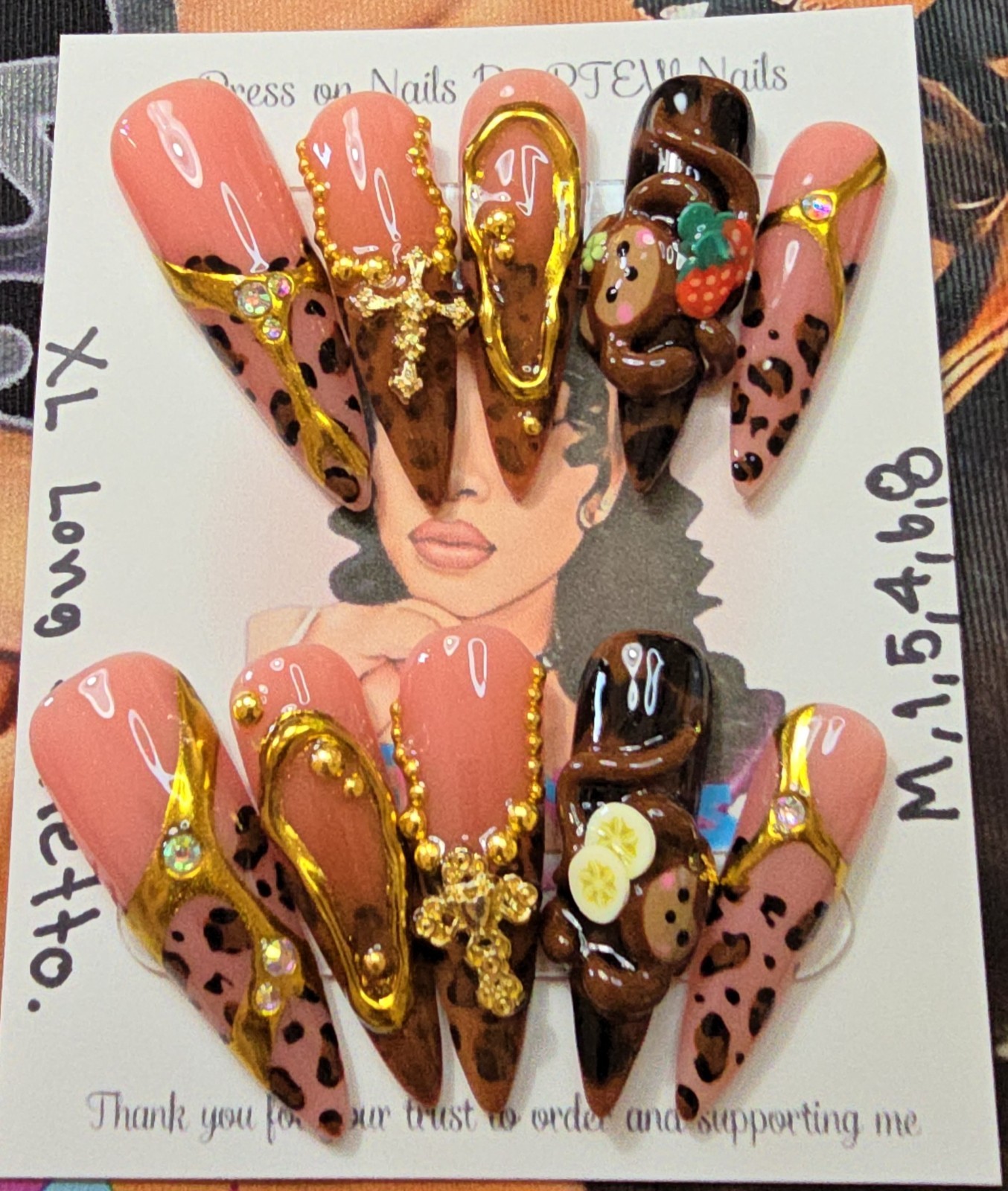 Handmade Gel Press On Nails,Naughty Monkey, Medium Size 1,5,4,6,8 XL Long Stilet