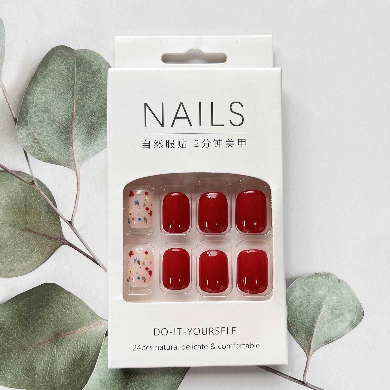 LYLYNB 24pcs Wine Red Floral Square False Nails Glossy Full Cover Set