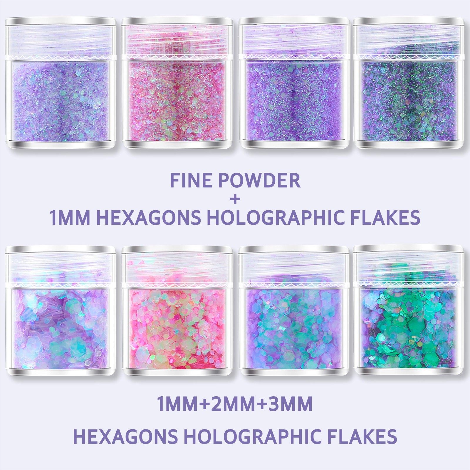 8-Jar Mermaid Purple Glitter Set, Holographic Fine Powder & 1mm & 2mm & 3mm S…