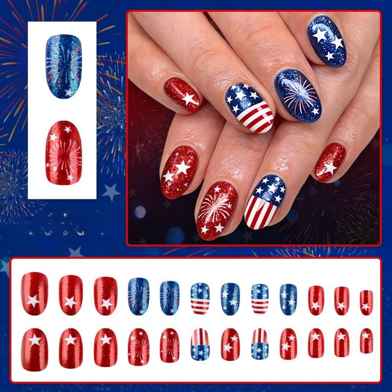 48pcs Independent Sun Star Flag Fireworks Wearing Armor Medium length Nail Art