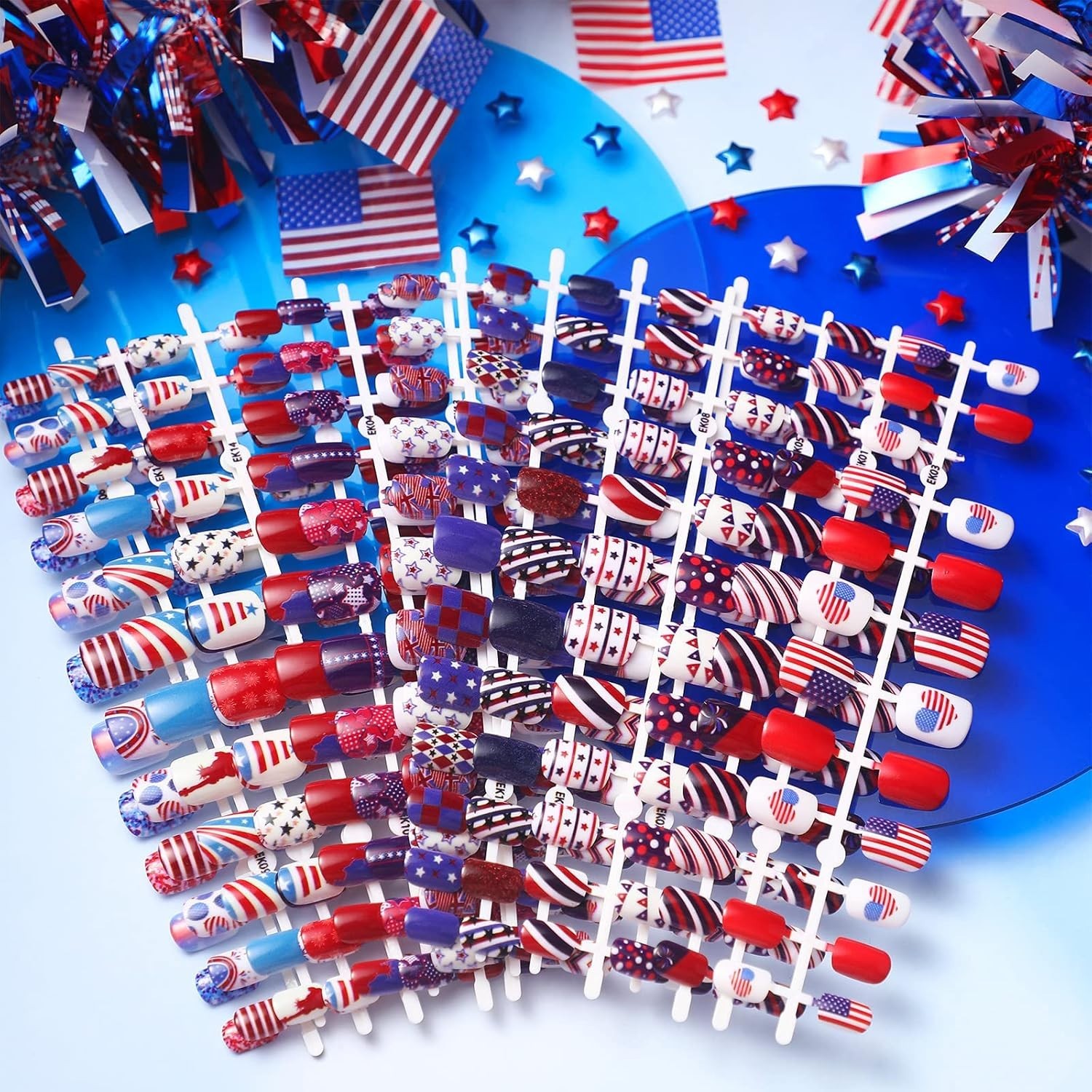 16 Pack 4th of July Press on Nails – Patriotic Retro Flag Pattern 384 Pieces
