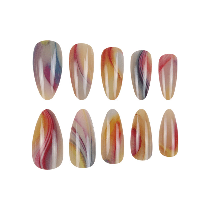 48P Long Almond Press on Nails, Colorful Swirl Marble Gradient Fake Nails