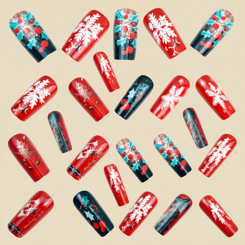 48P Long Coffin Press on Nails, Burgundy Holly Snowflake Luxury Fake Nails