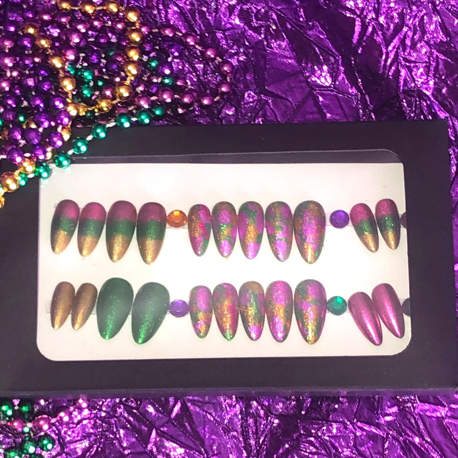 Handmade Custom Press On Nails Almond Shape Medium Length Mardi Gras Nails