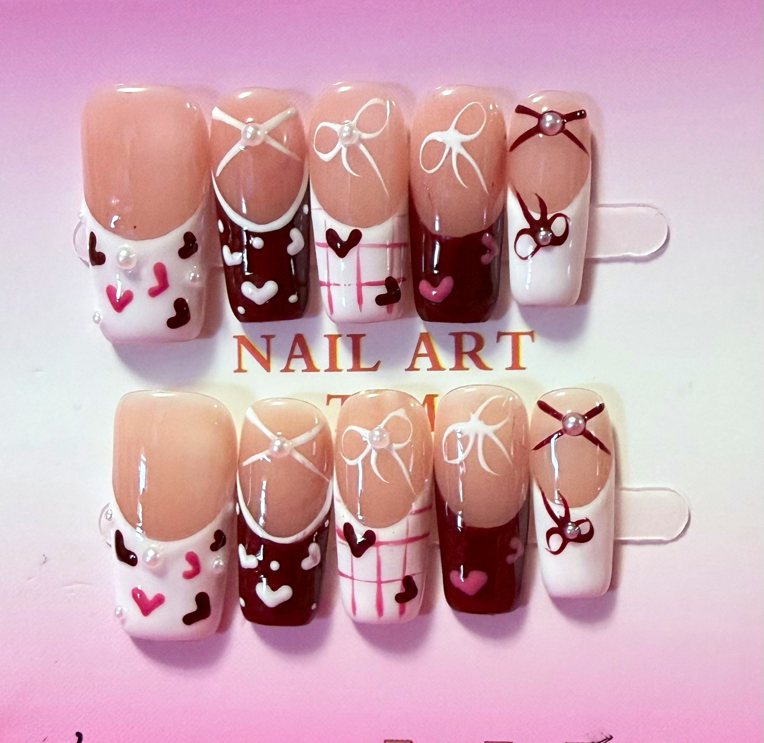 Nude/Brown/White/Pink 3D Heart Square Press-On Nails, size medium