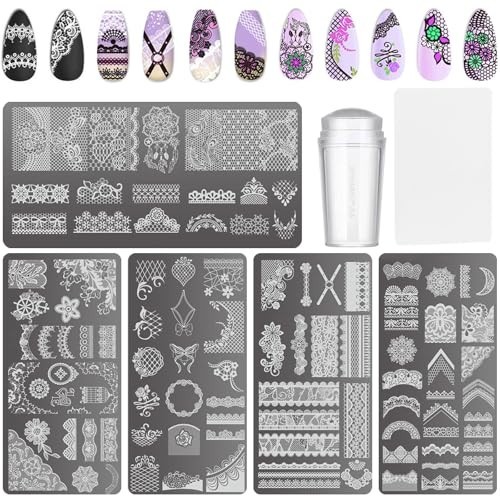 Lace Nail Stamping Plate Set with Stamper and Scraper, 5 Piece