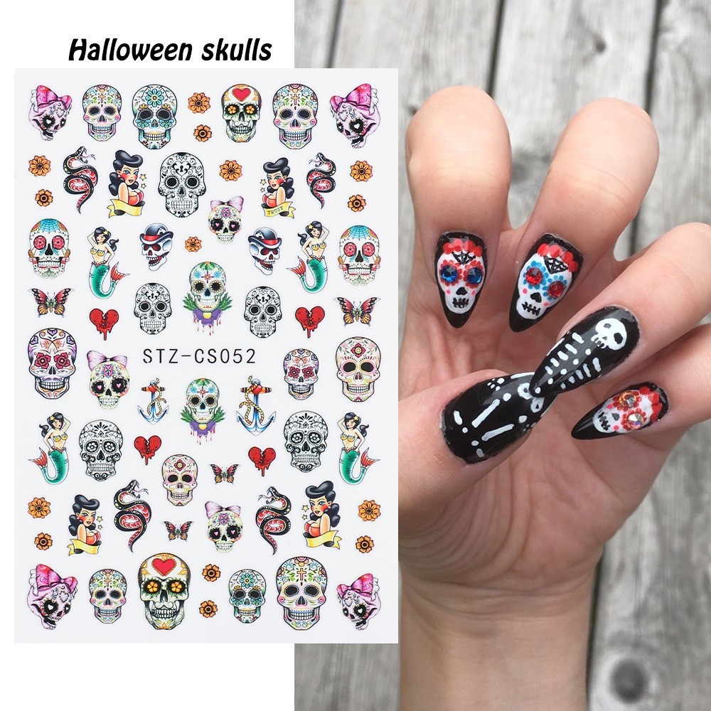 5 Sheets Halloween Skull Ghost Nail Art Stickers Clown Blood Scars Lips Decals