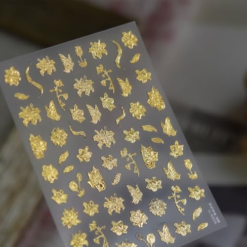 1Pcs Gold Nail Art Stickers 5D Metallic Floral Leaf Nails Fall Nails Stickers-4