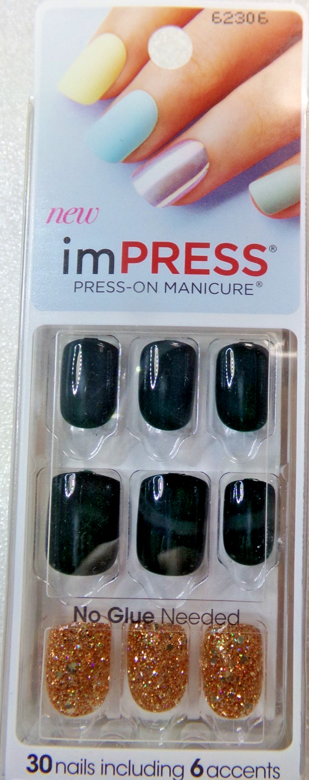 IMPRESS NAILS PRESS ON SHORT Shiny Dark Green with Gold Glitter Accents