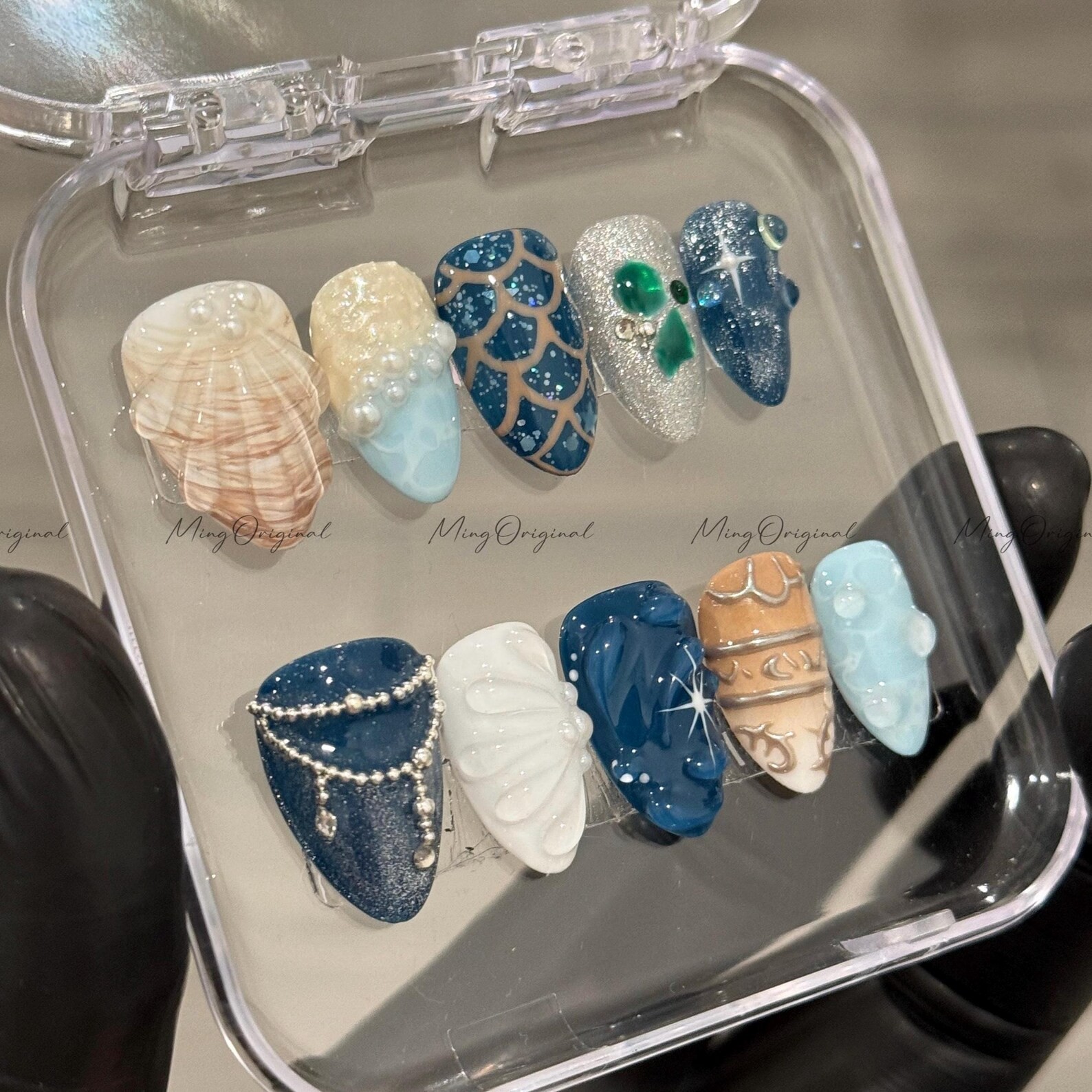 Handmade Deep Sea Scale Shell Butterfly Silver Chain Long Almond Press on Nails