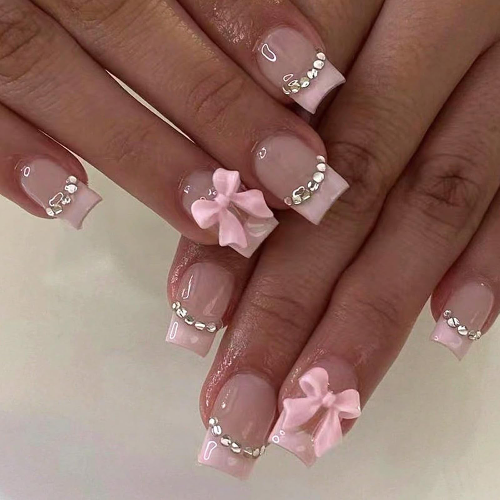 Light Pink French Tip Press on Nails Short Square Acrylic Fake Nails Press On…