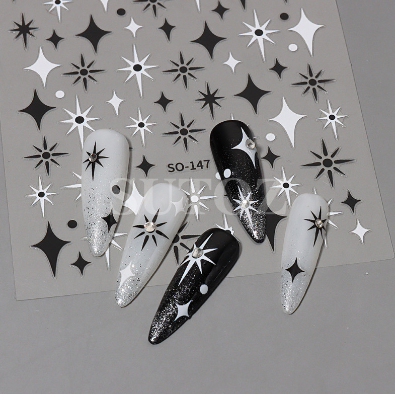 3Sheets Black Gold Silver Star Sun French Tips Nail Stickers Manicure NH18