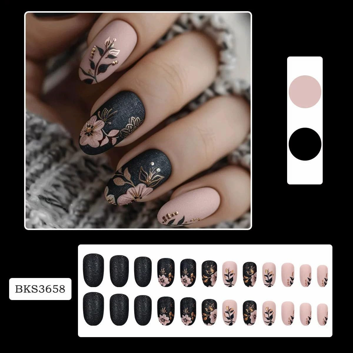 Short Press on Nails Almond Fake Nails with Flower Leaves Design Matte Black Nud