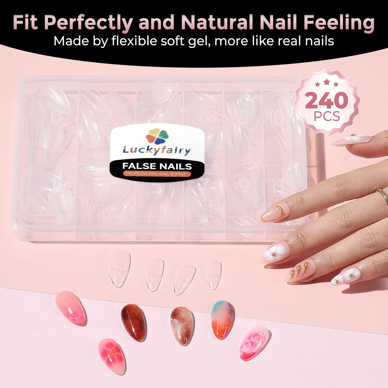 Luckyfairy Medium Almond Nail Tips, 240pcs 240 Piece Assortment, Transparent