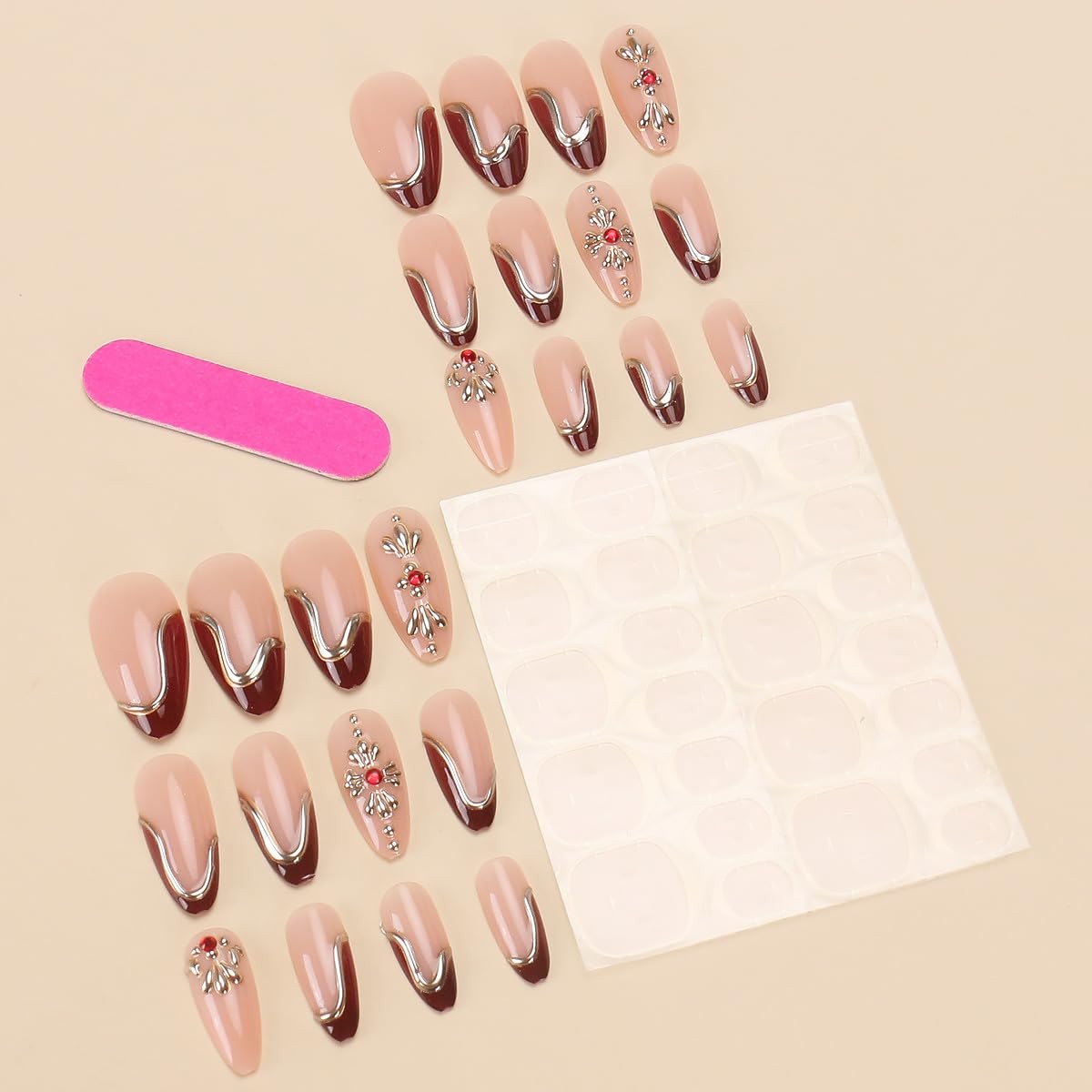 24Pcs Red French Tip Press on Nails Medium Almond Acrylic False Nails with Go…