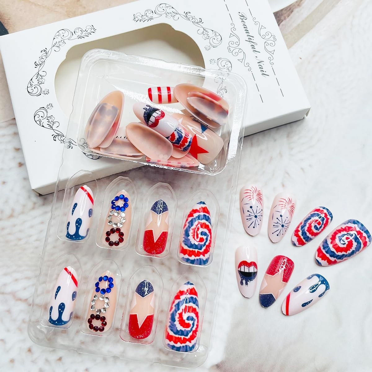 Unique 4th of July Acrylic Nails Full Cover with Star and Fireworks Design