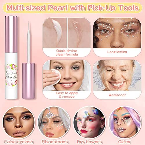 3600Pcs Face Gems Eye Pearls with Makeup Glue for Rhinestones, Half Pearls