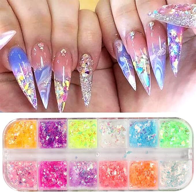12 Grids Glitter Nail Art Colourful Scattered 3D Decoration Bling Studs Craft UK