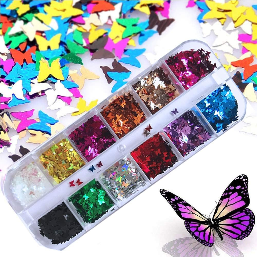 24 Color/Set 3D Butterfly Nail Glitter Sequins, Laser Butterfly Nail Sequin Fla