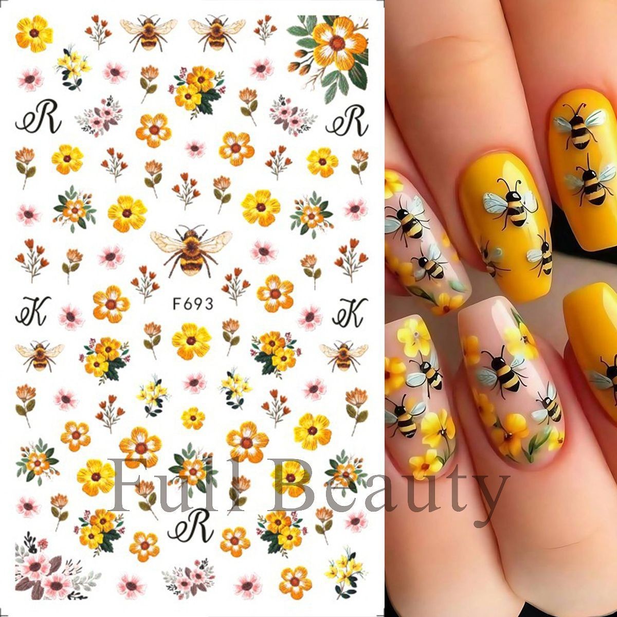 Nail Art Stickers Decals Yellow Flowers Bumble Bee Floral Bees Wasp F693 NS44