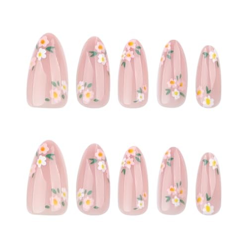 Pink Spring Press on Nails Almond Shape Fake Nails with Small Flower style8