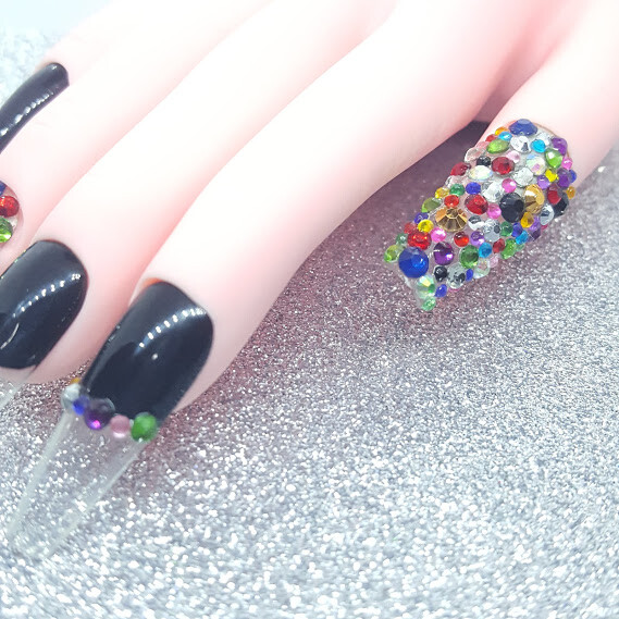 Multi Colored Jewel Box Clear Tip Long Ballerina Press On Nails Handmade Hard