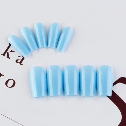 Baby Blue Press On Nails Medium Long Square, Medium Coffin Nails glossy blue