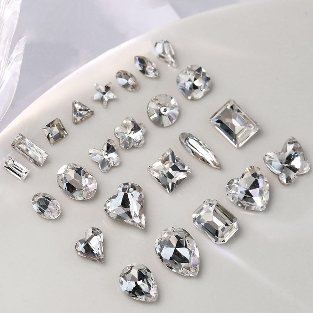 48Pcs Clear White 3D Nail Rhinestones Charms, Heart Butterfly Star Flower