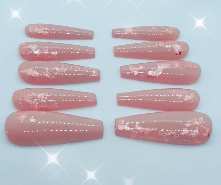 Nude Rose Gold Leaf Foil Luxury Natural Set Of 10 Press on Nails