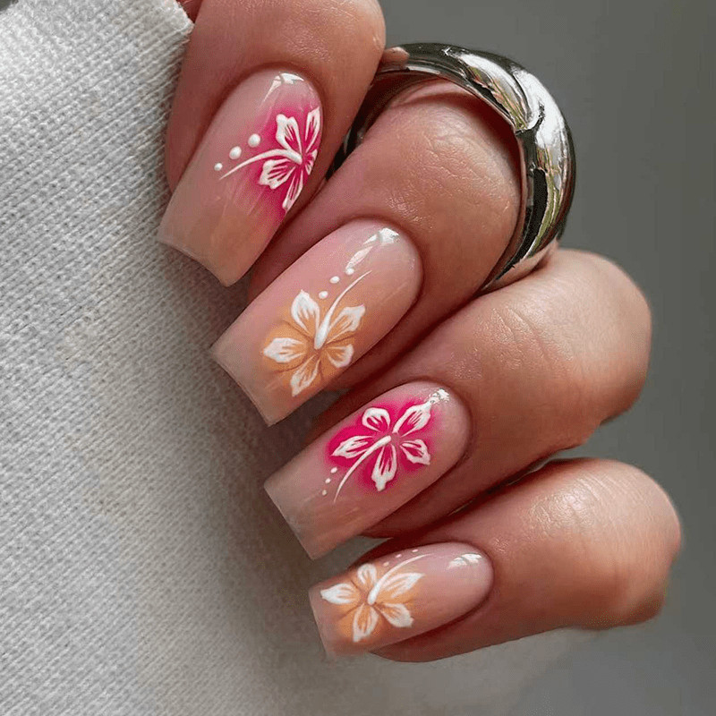 48pcs Long Square Press on Nails, Nude Base with Pink & White Flower Nails